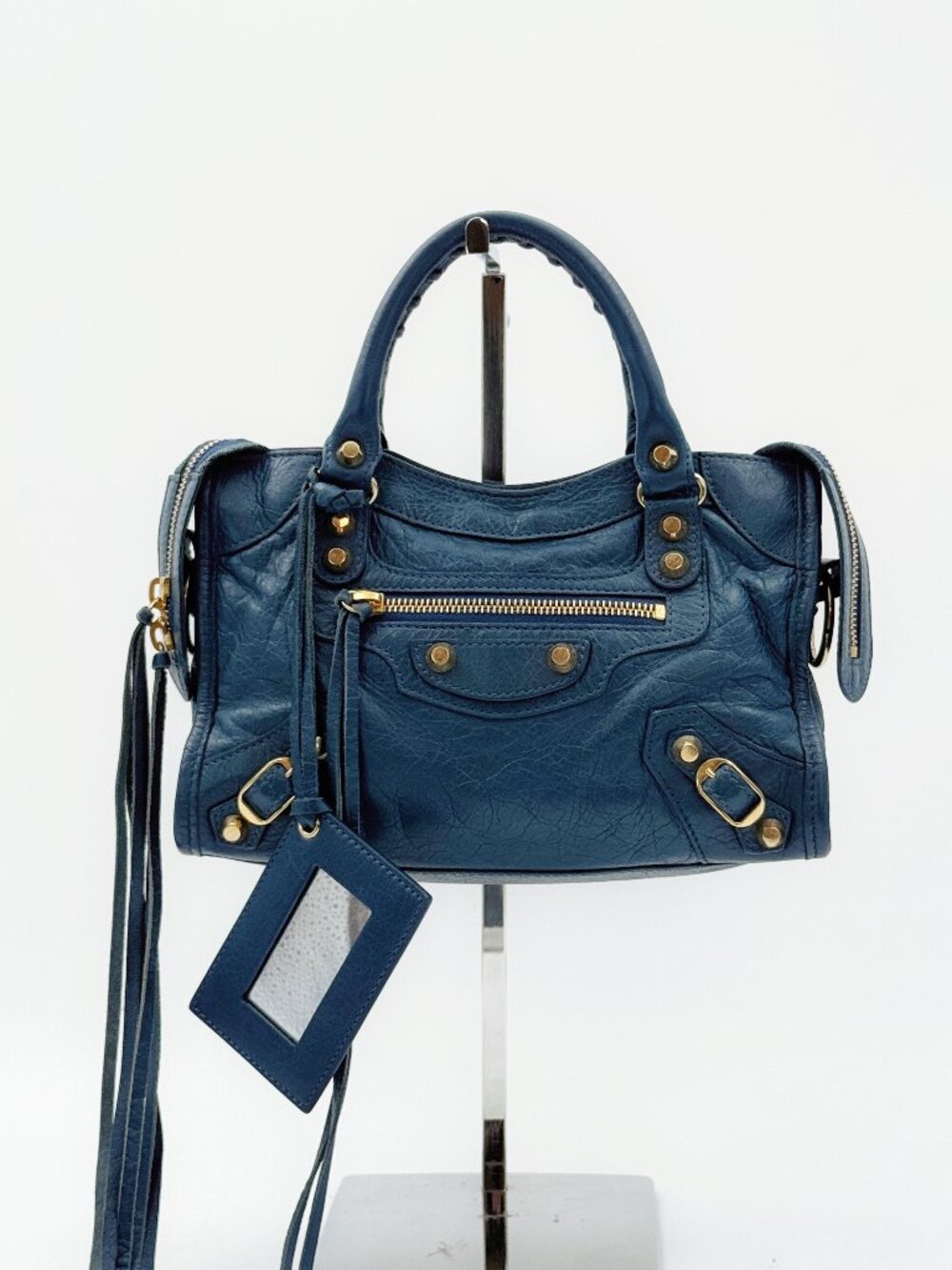 Balenciaga Classic City Mini Blue Leather Motorcycle Bag Crossbody Strap Mirror